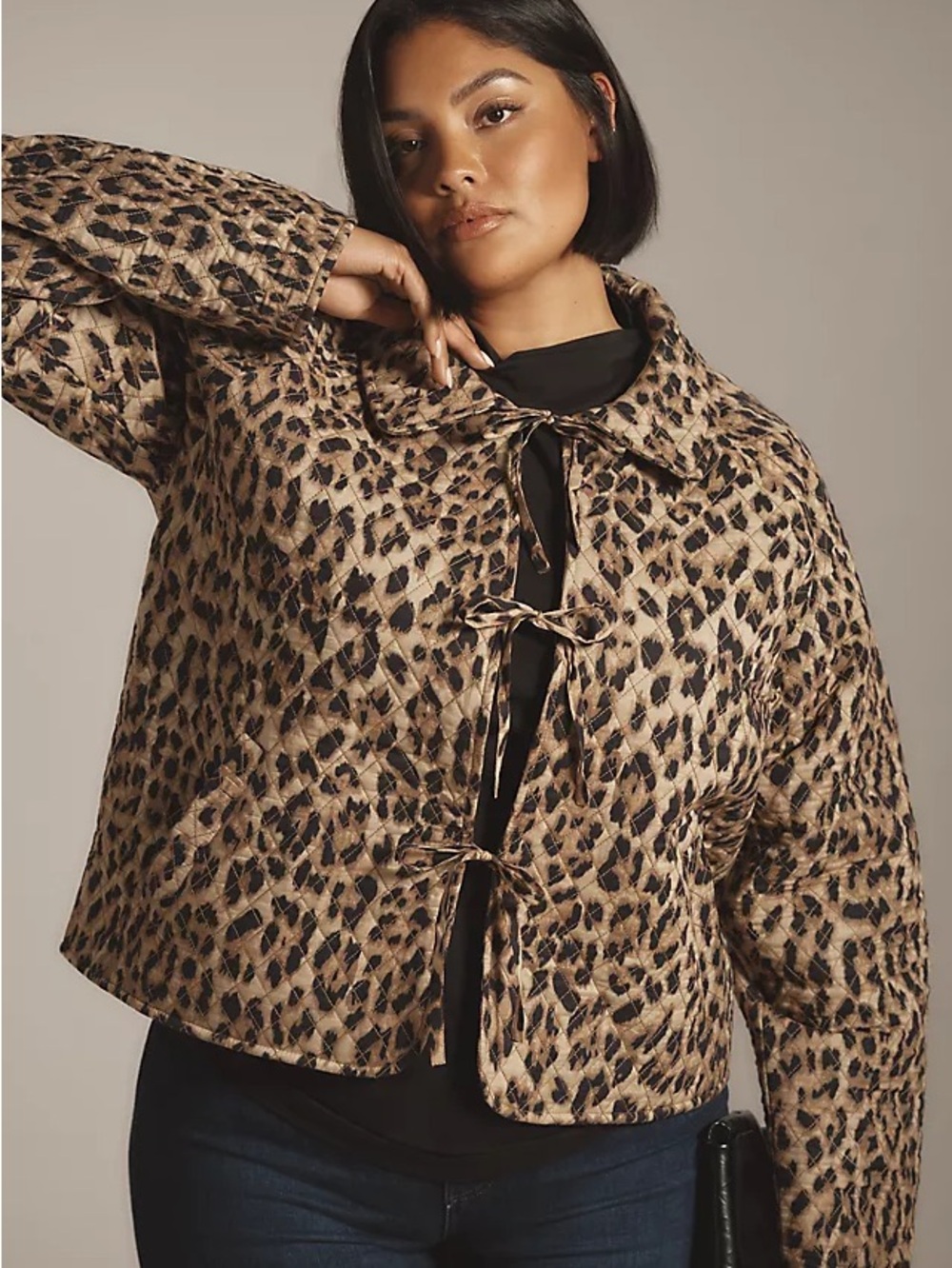 Leopard Print Tie-Front Quilted Jacket - Brown